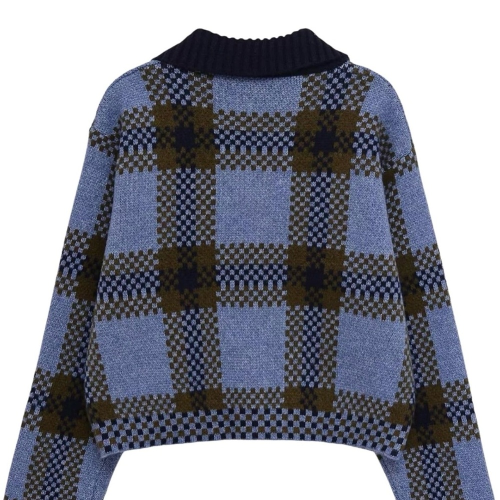 Blue Check Zip-Front Women's Sweater Jacket - Picture 4 of 8